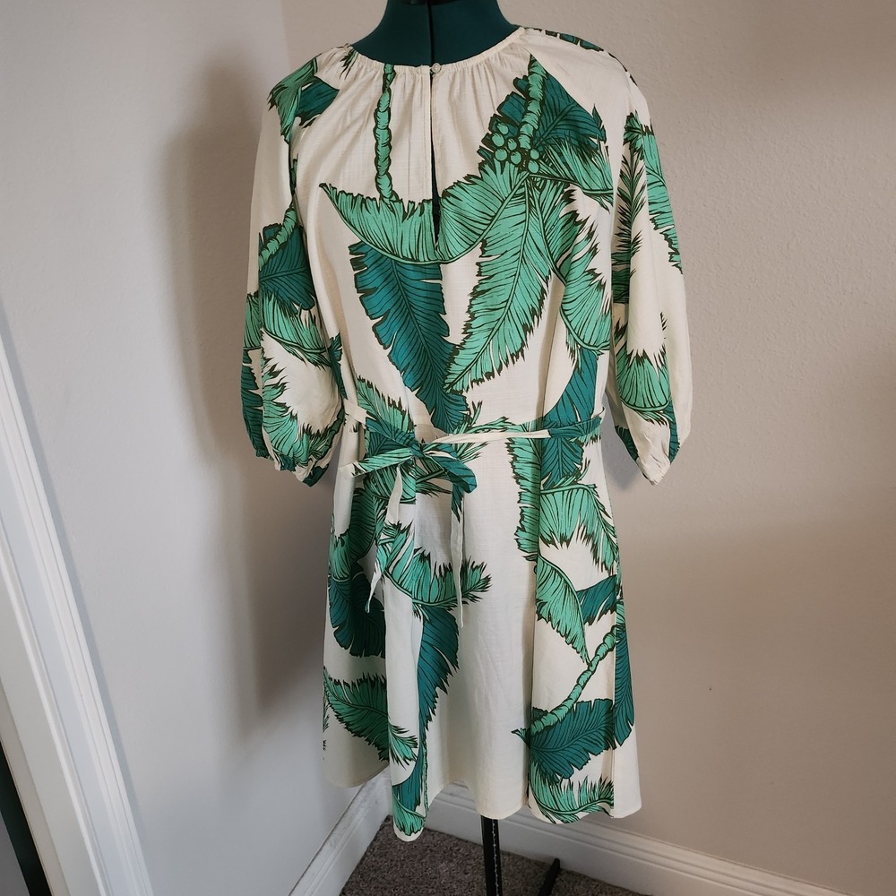 H&M Tie Belt Dress Womens Medium Green Cream Palm Frond Cotton Balloon Sleeve